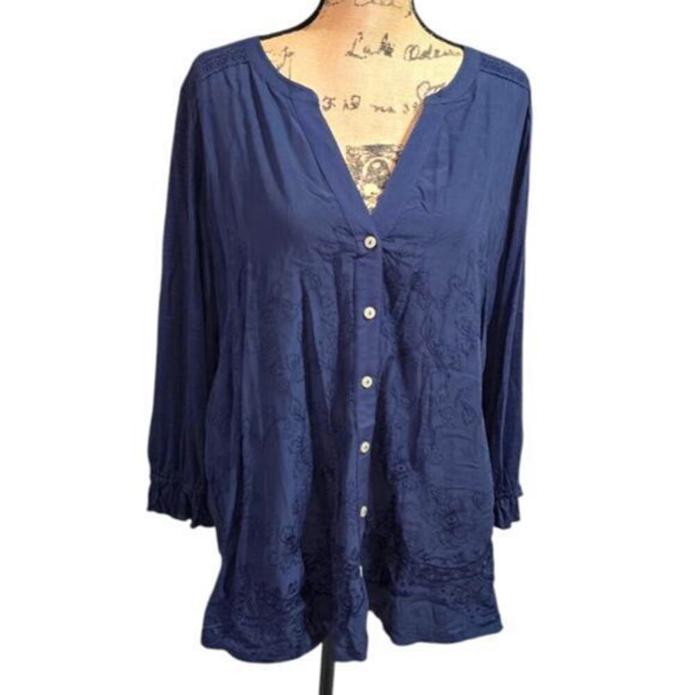 Democracy Women's Blue Boho Comfy Embroidered Blouse Top Plus Size 3X New